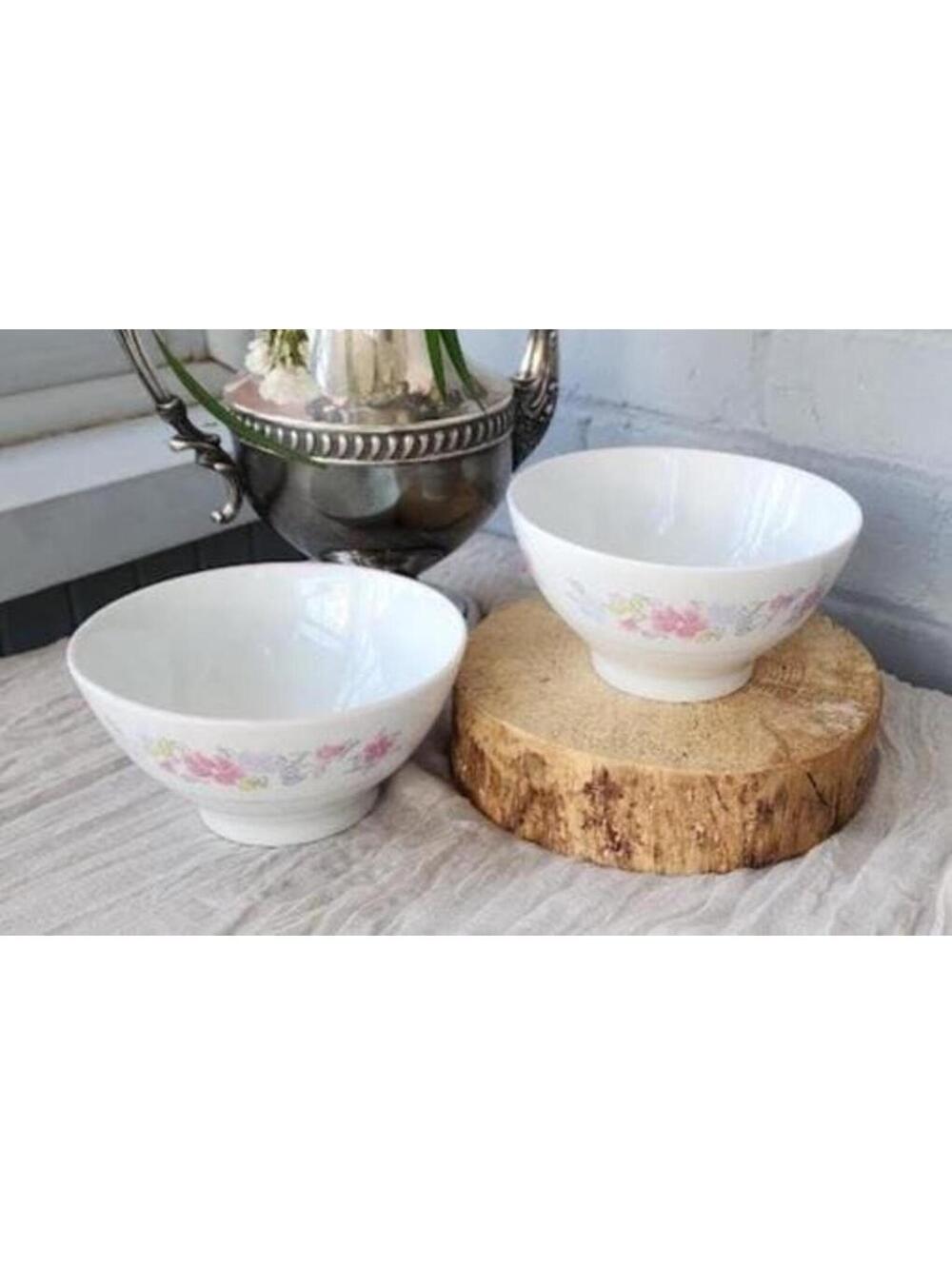 Vintage Floral Milk Glass Bowls Pair | Cottagecore Kitchen |